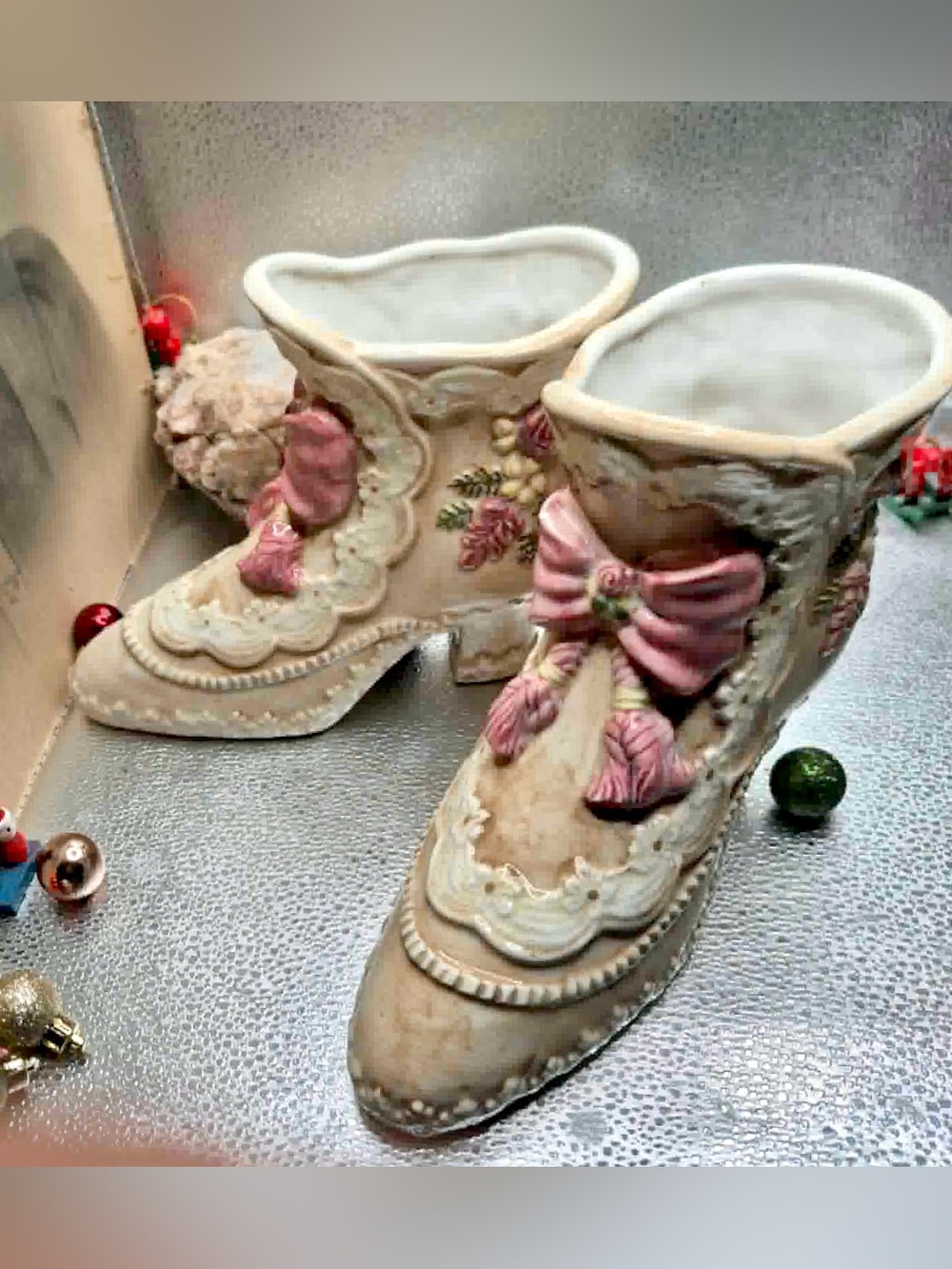 Vintage Vase Planter Pair Victorian High Heels Shoes with Pink Floral Accents